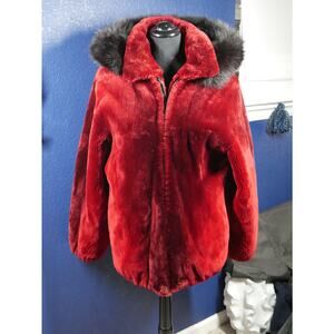 Gorgeous Scarlet Red Ombre Sheared Beaver & Black Fox Hooded Fur Coat Jacket